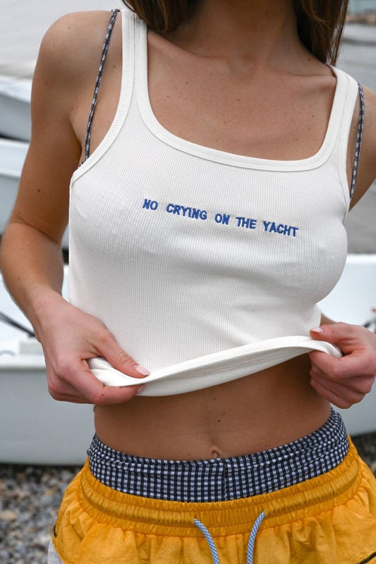 No Crying On The Yacht - Graphic Micro Rib Racer Tank Top